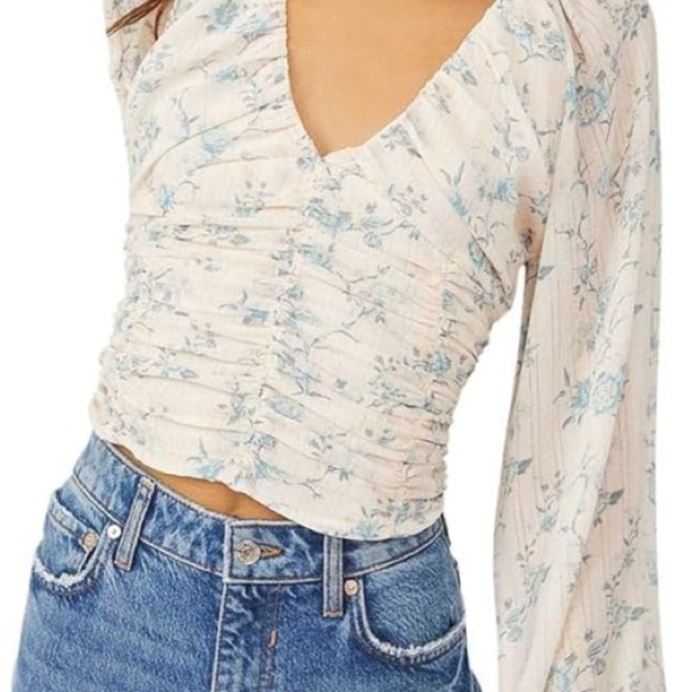 Free People Floral Crop Top - Cream and Blue